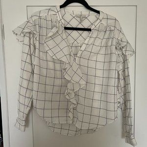 Joie Women's Button Down Ruffle Flannel White Black Plaid/Window Pane Shirt